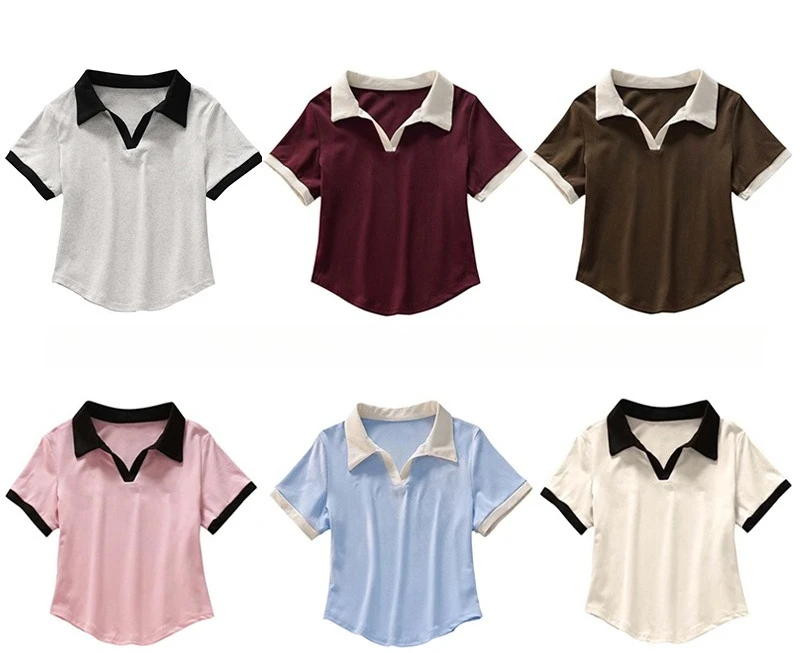 AOSSVIAO 2026 Frühling Sommer Damen Colorblock V-Ausschnitt Kurzarm Poloshirt Schickes Slim Fit Vielseitiges T-Shirt Sexy Crop Tops – Detail 7
