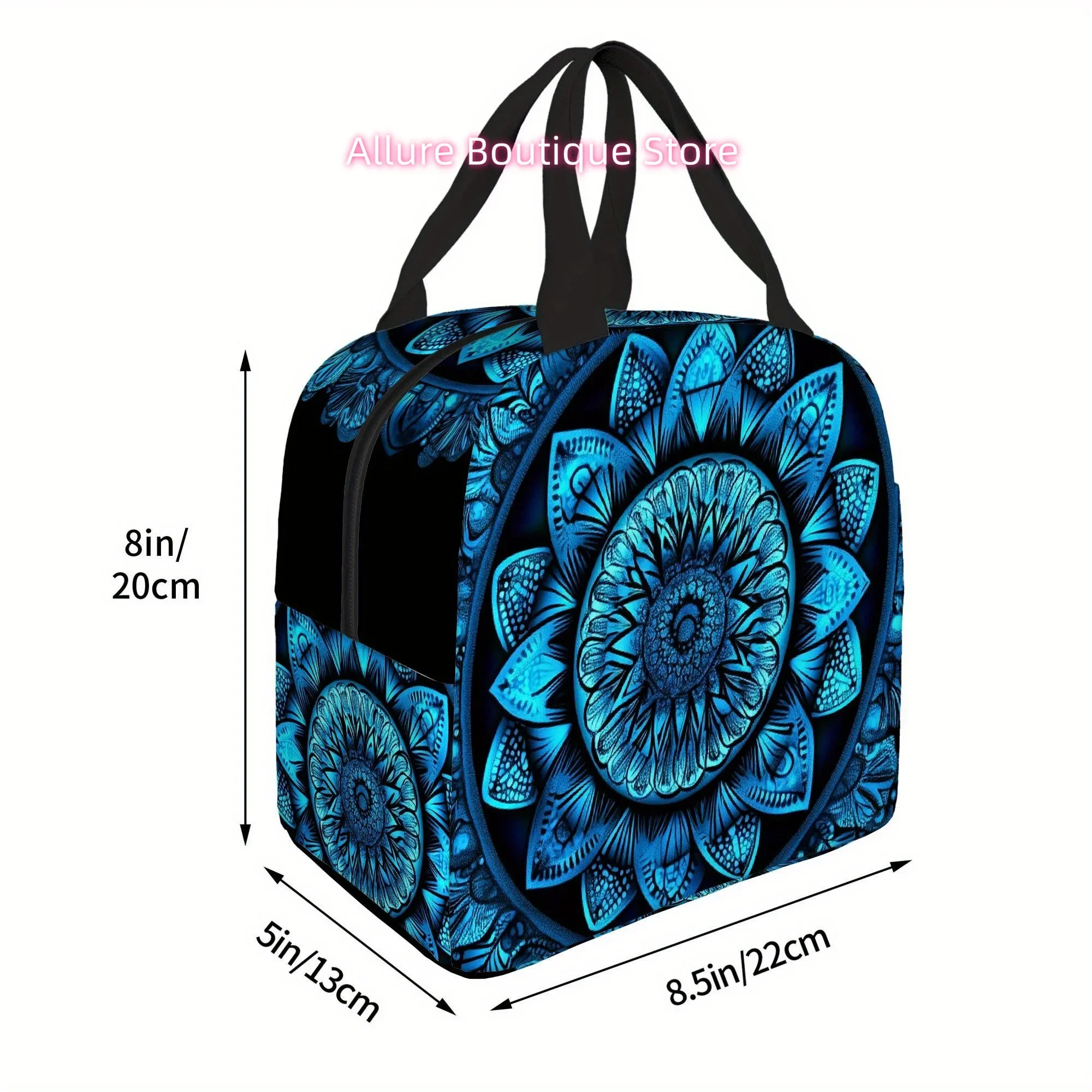 1pc, Blue Mandala Design on Black Background. Printed Thermal Bag, Insulation Bag, Insulated Bag. Not for Food Contact. Suitable