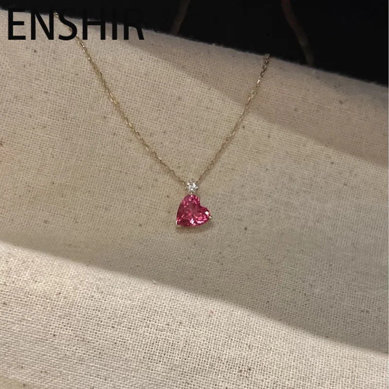 ENSHIR Pink Heart Zircon Pendant Necklace For Women Luxury Elegant Sparkling Personality Temperament Jewelry Gifts Wholesale