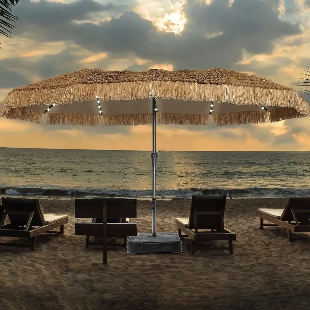 

15ft Outdoor Patio Tiki Umbrella with 48 LED Lights, Ideal for Market, Beach, Garden, Yard