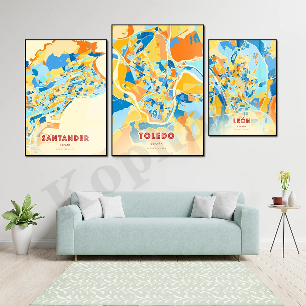 Spain Cádiz. A Coruña. Toledo. Santander. Barcelona. City Color Map. Home Wall Decor Art Poster