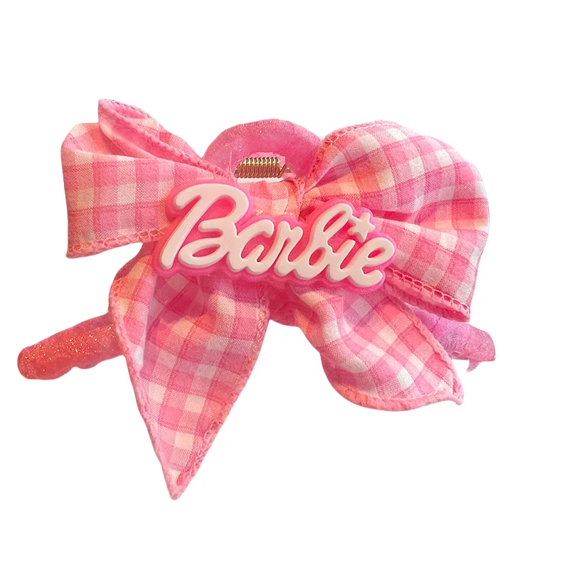 Kawaii Cartoon Anime Cute and Sweet Barbie Plaid Bow Hair Catch Dopamine Pink Hair Shark Clip Hairpin Hair Accessory