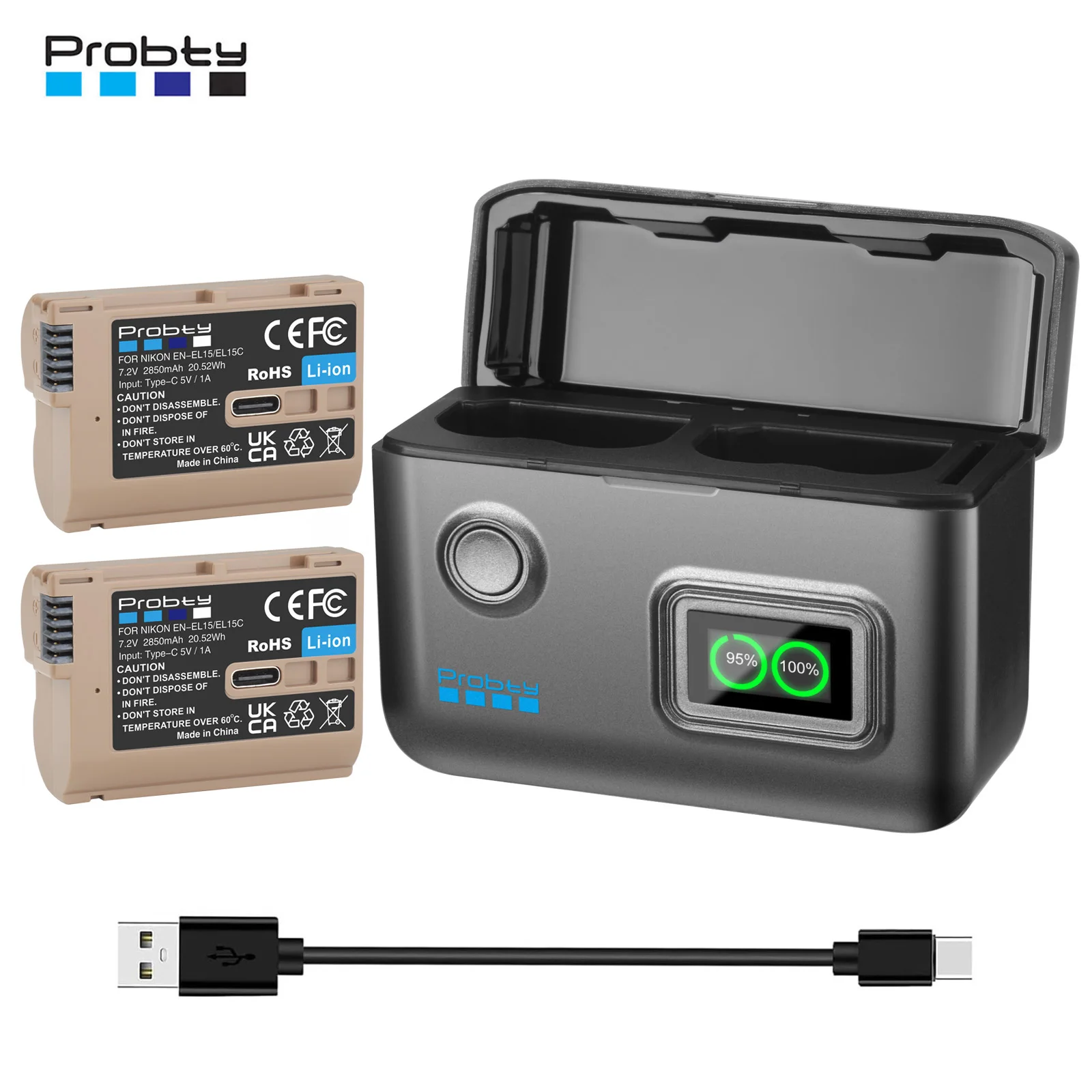 Probty EN-EL15C Battery and Fast Charger For Nikon Z5, Z6, Z6 II, Z7, Z7II, D780, D850, D7500, 1 V1, D500, D750, D800, D7000