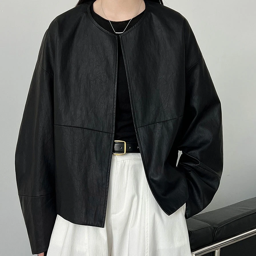 Women Coats Faux Leather Jackets Round Neck Full Sleeve Casual Pu Coat Work Y2k Streetwear Jacket Zipper Outerwear 2026 Spring