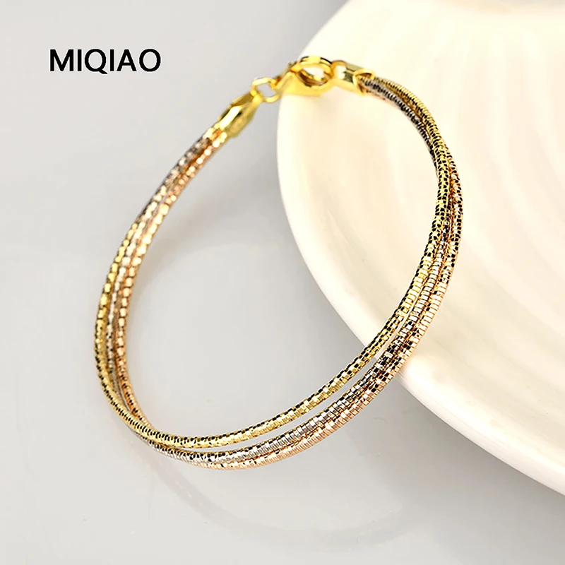 

MIQIAO Real 925 Silver Bracelets Women's Hand Three Shares Jewelry Three-Colour Lady Femme Chain Italian Luxury Accessories