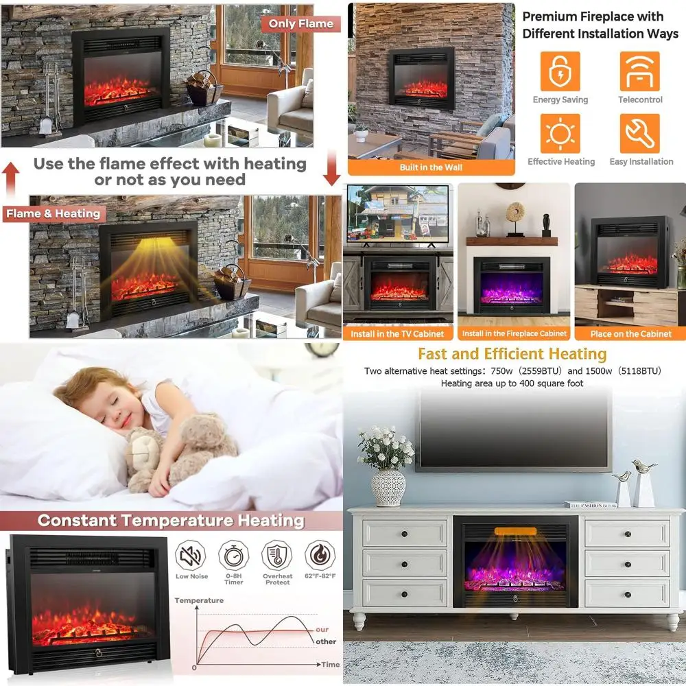 

Настенный электрический камин 28.5, регулируемое пламя, 2 режима нагрева, 8-часовой таймер, 5 уровней яркости, 750/1500 Вт