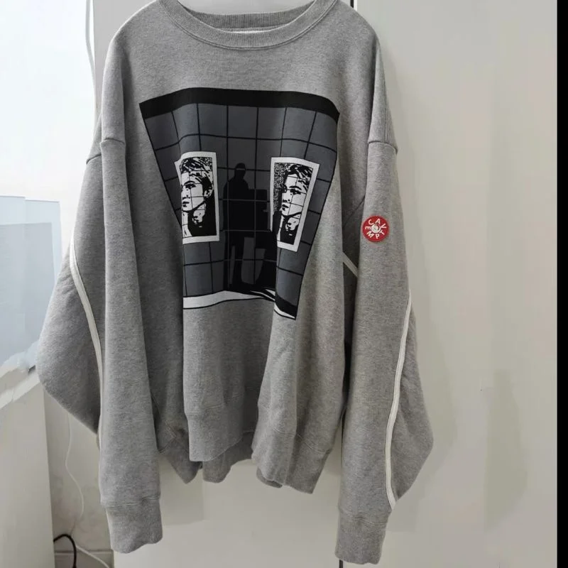 Winter CAVEMPT Sweatshirts High Quality Cotton Grid Abstract Portrait Print Gray Round Neck Pullover Oversized Men Women Tops