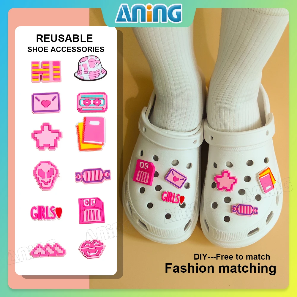 

12Pcs Cartoon Element Pink Pattern DIY cute Shoe Buckle Decoration creative shoe flower anime accessories decoration