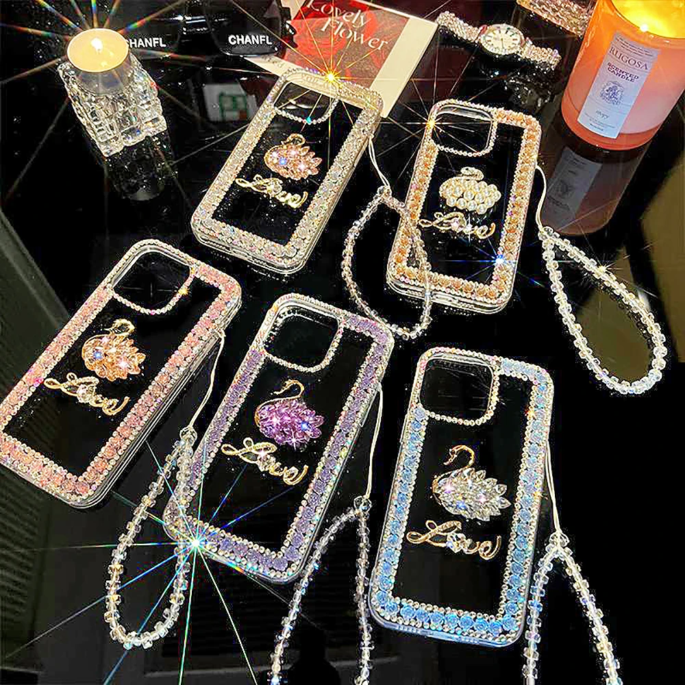 Glitter Clear Phone Case 3D Rhinestone Color Swan Crystal Rose Chain Diamond Cover for iPhone 15 14 13 12 11 Pro Max 7 8 Plus