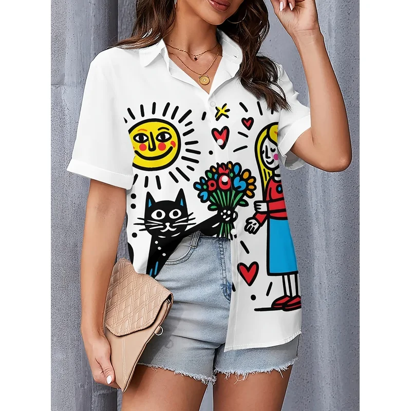 Women's Hand-painted Graffiti Collar Button-up Shirt White Short Sleeve Versatile Casual Elegant Unique Design Slimming Daily We
