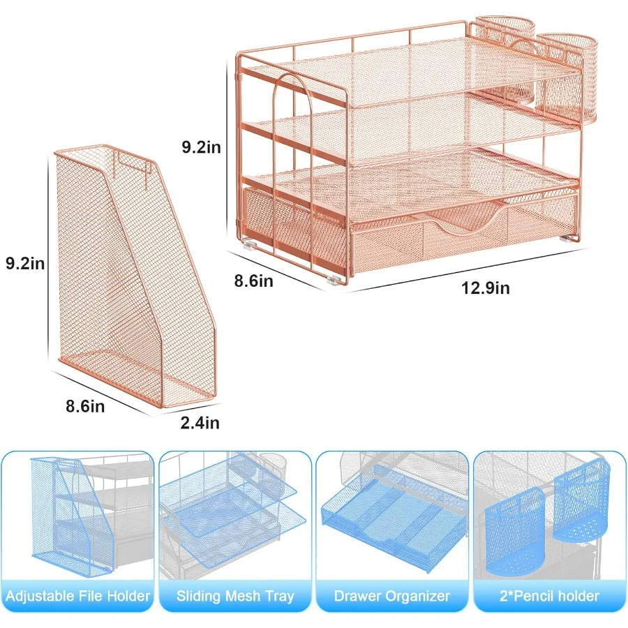 منظمات مكتب وملحقاتها مع درج حامل ملفات وحامل أقلام لتخزين اللوازم المكتبية باللون الذهبي الوردي #6