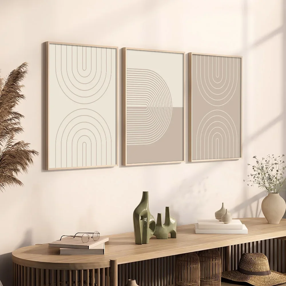 3pcs Mid Century Minimalist Boho Abstract Art Poster Canvas Print Warm Color Bohemian Geometric Wall Painting Home Decoration