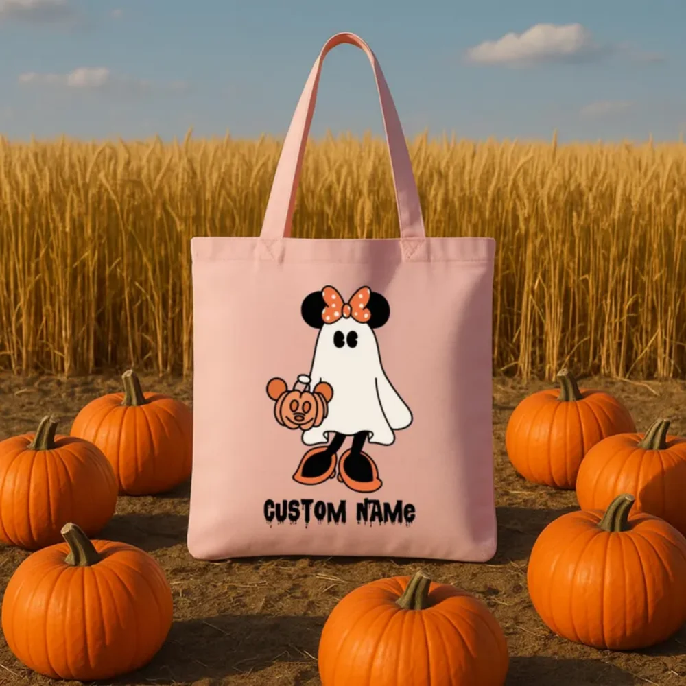 حقيبة حمل مخصصة للهالوين، حقيبة خدعة أو علاج لشخصية شبح، حقيبة يقطين تحمل اسم مخصص، حقيبة حلوى الهالوين للأطفال، حقيبة ميكي ميني
