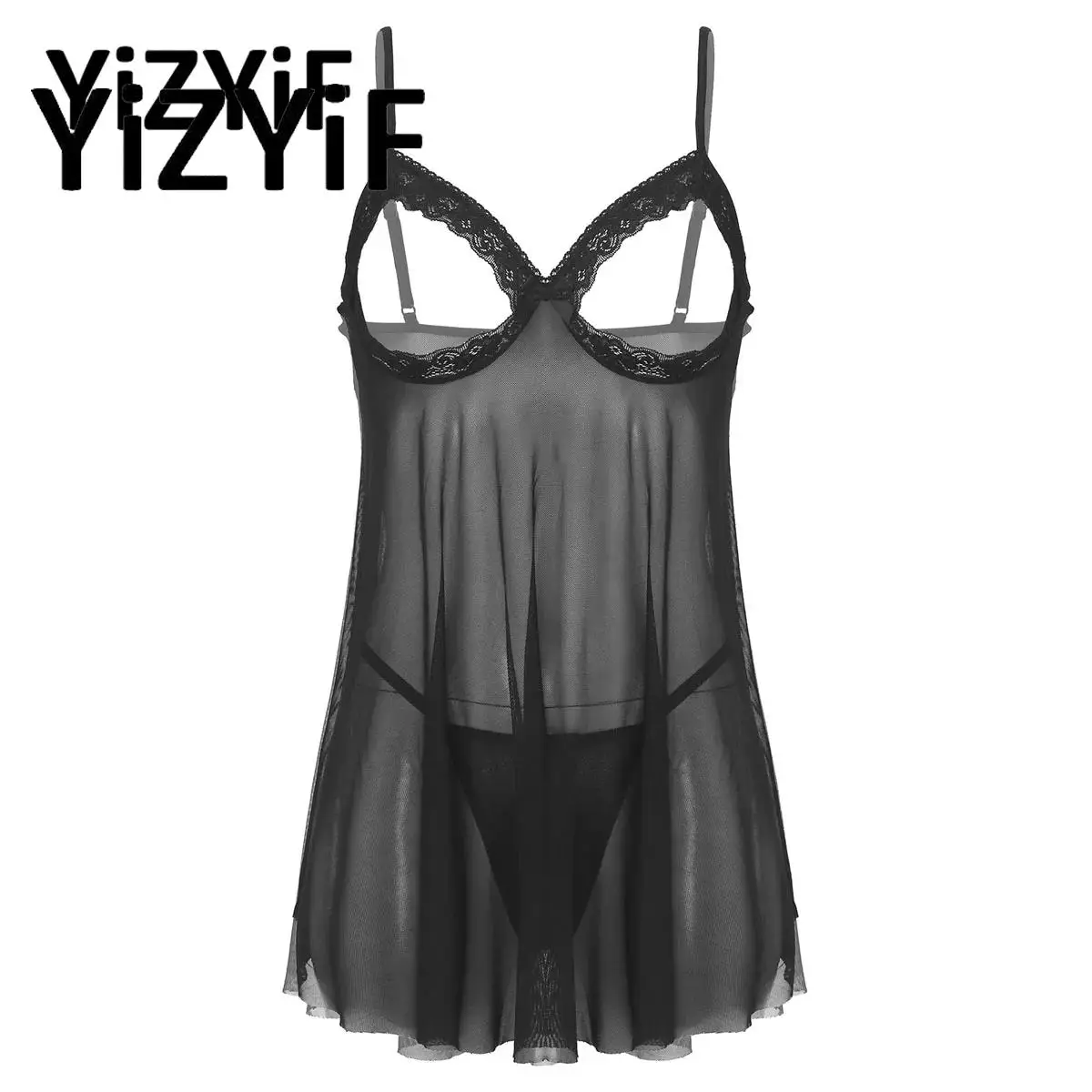 

Womens Sexy Lingerie Open Chest Transparent Mesh Babydoll Sleepwear Erotic Nipple Expose Sheer Mini Dress with G-String PJ Set
