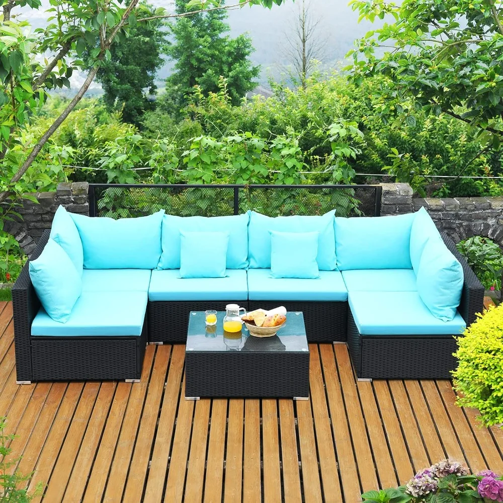 

7-piece patio furniture set, outdoor sectional sofa with pillows and cushions, wicker sofa conversation set with coffee table