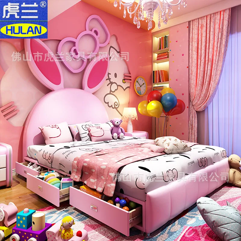 

Children's furniture rabbit ear bed with drawer pink girl cartoon bed soft leather bed