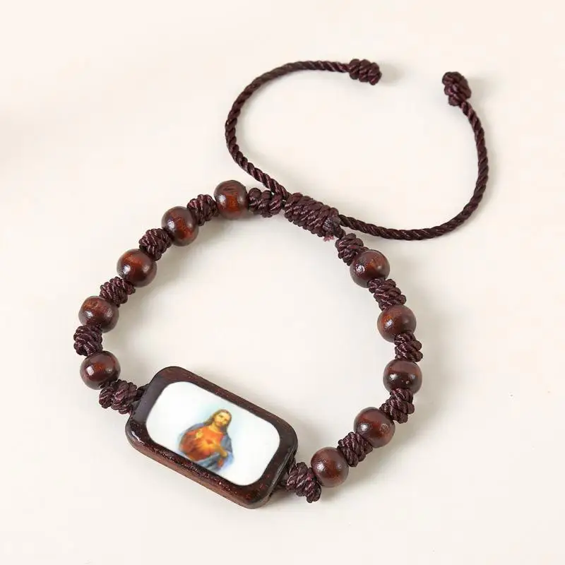 Wooden Rosary Bracelet Adjustable Religious Icon Stickers Drip Oil Finish, Spiritual Beaded Prayer Jewelry For Devotional Wear