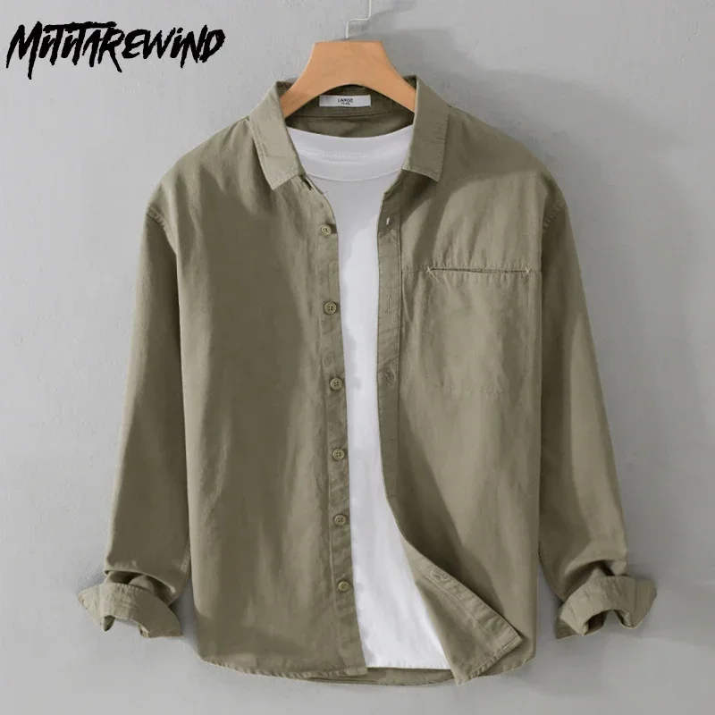 Spring Fall Mens Long Sleeve Shirt Japanese Style Workwear Top Lapel Pocket Pure Cotton Button Casual Shirts Simple Men Clothing