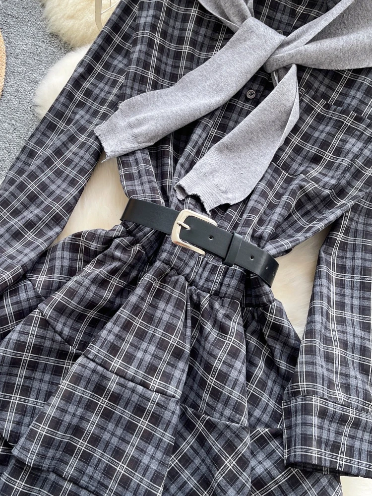 Vestido xadrez vintage coreano feminino, outono, manga longa, babado, bainha, cinto, midi, com xale de malha, estilo retrô chique