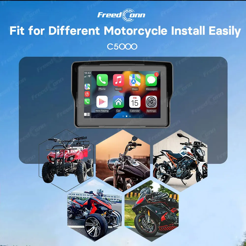 Freedconn C5000 الملاحة دراجة نارية Carplay DVR بلوتوث سيارة اللعب 5 بوصة عرض لاسلكي أندرويد شاشة السيارات مقاوم للماء