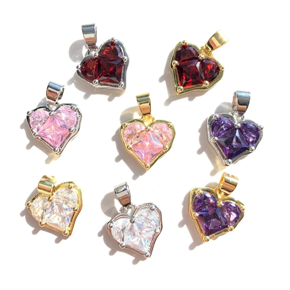 5pcs Red Purple Pink Clear Zirconia Pave Heart Charm Gold-plated Exquisite Pendants for Bracelet Necklace Jewelry DIY Wholesale