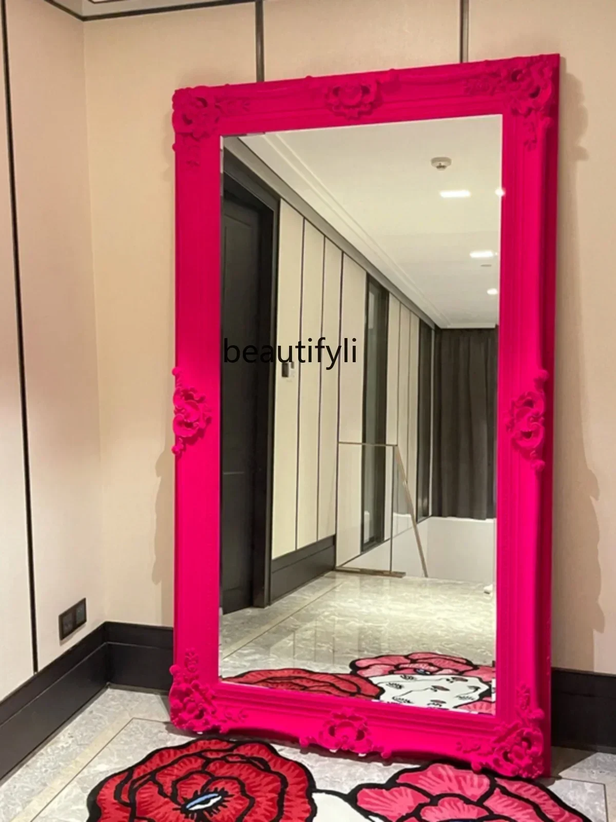 

A44 Full-length mirror retro flocking engraved full-body clothing store fitting mirror art floor mirror