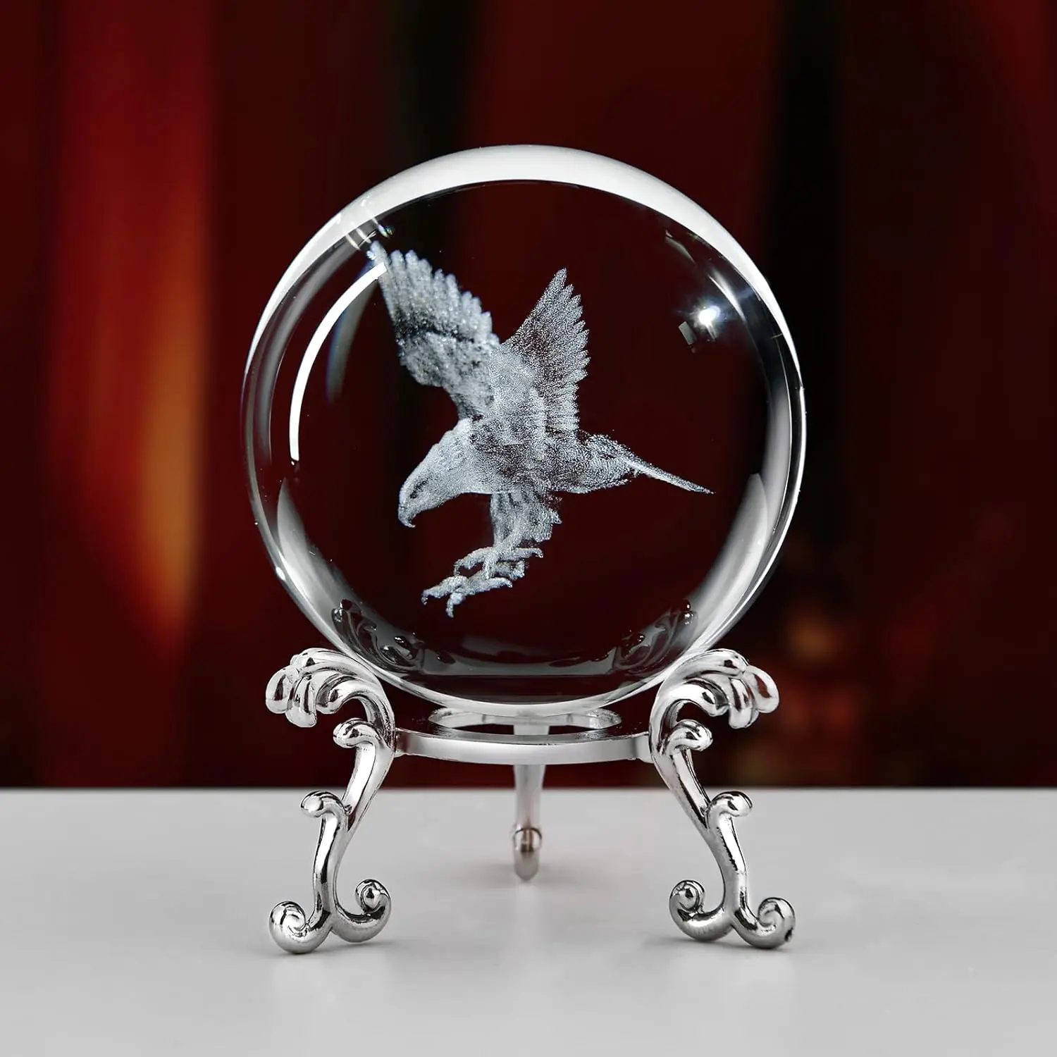 

3D Eagle Crystal Ball with Metal Stand Eagle Statue Laser Engraved Glass Ball Animal Model Collect Souvenirs Desktop Ornament