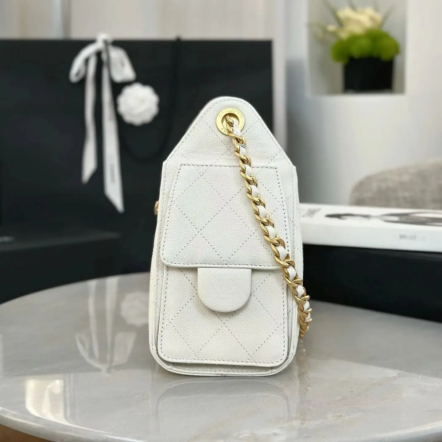 Off-white Caviar Leather Vertical Phone Crossbody Bag, Luxury Mini Handbag