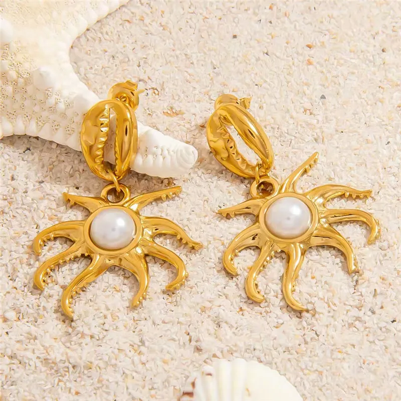 

Ocean-Themed Stainless Steel Pearl Earrings for Women Colorful Exaggerated Non-Fading Party Jewelry Accessories