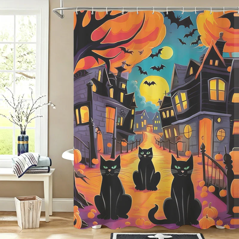 Halloween Spooky Shower Curtain Car Spider Castle Pumpkin Skull Print Bath Curtain With Hooks Waterproof Bathroom Decor Gift