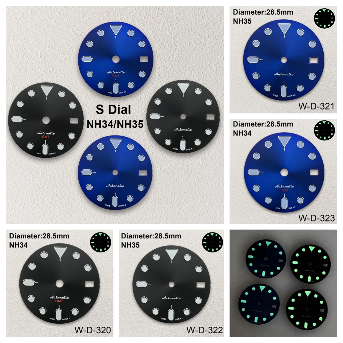 

28.5mm S5 Logo SKX007 GMT Dial Fit NH35/NH36/4R36 Movement Green Luminous Black/Blue Dial Watch Modification Accessories