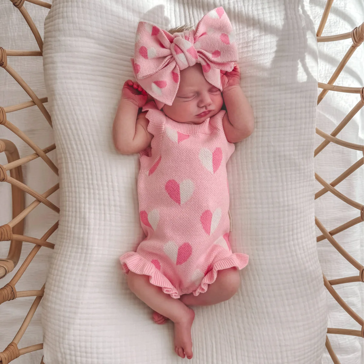 2025 Autumn New Baby Girl Sleeveless Knitted Bodysuit + Headband Newborn Infant Cute Heart Woolen Jumpsuit Toddler Outfits