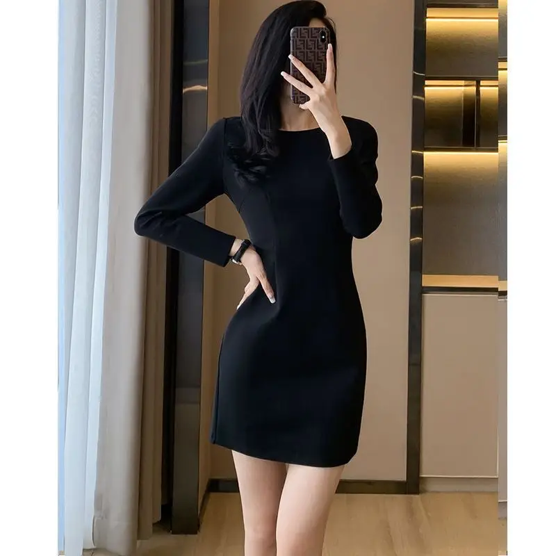 Autumn Winter French Hepburn Style Women's 2024 New Patchwork O-Neck Fashion Solid Slim Minimalist Casual Long Sleeved Dresses