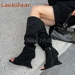 Open Toe Strange Style Women Boots Fashion Niche Design Knee High Zippers Plus Size Solid Summer Women Shoes New Arrivals