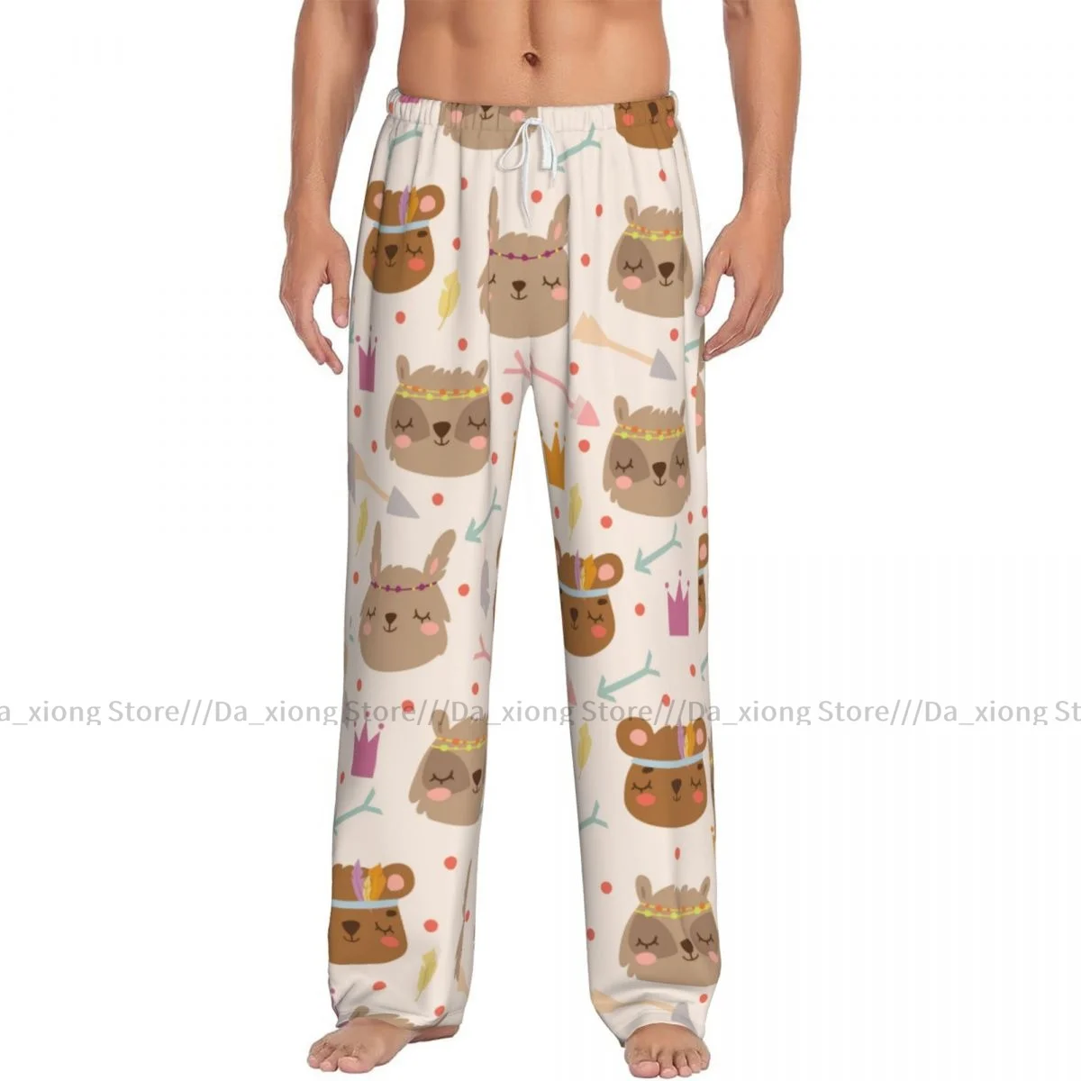 Mens Casual Pajama Long Pant Loose Elastic Waistband Bunnies Bears Arrows Boho Style Cozy Sleepwear Home Lounge Pants