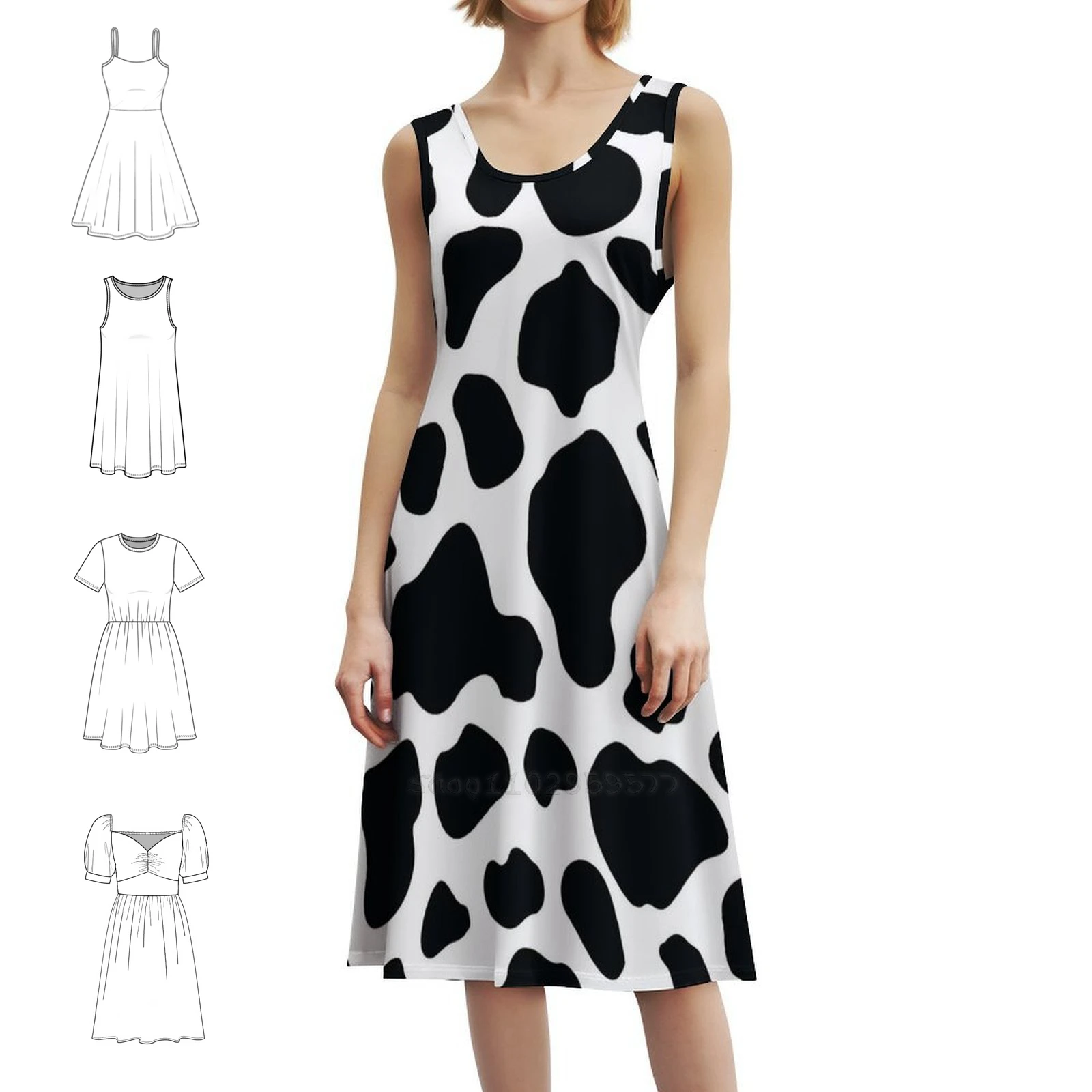 Cow Print Korean Style Casual Dress For Women Simple Daily Office Lady Dresses Cow Cow Spots Cow Pattern Black And Women's Dress