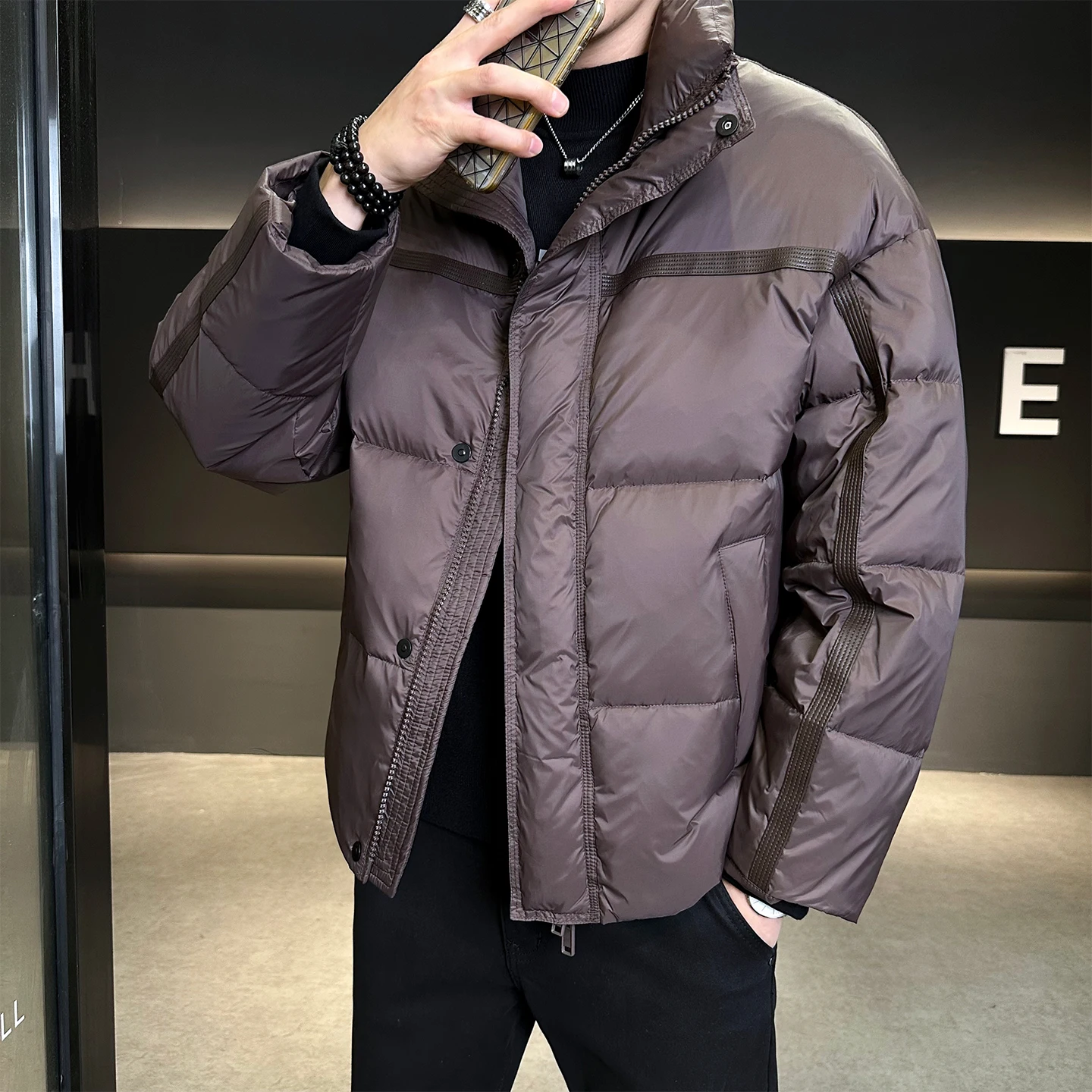 Men's Winter Down Jackets New Micro-wide Long Sleeve Men Clothing Loose Large Size Duck Down Jacket Casual Coat 2025 New Coffee