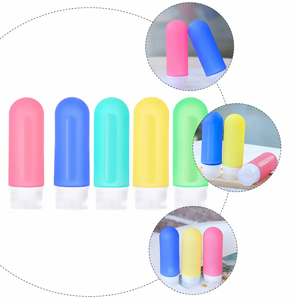 

Набор из 5 силиконовых дорожных бутылочек: компактные, многоразовые, герметичные, сжимаемые флаконы для путешествий, для шампуня, лосьона, крема