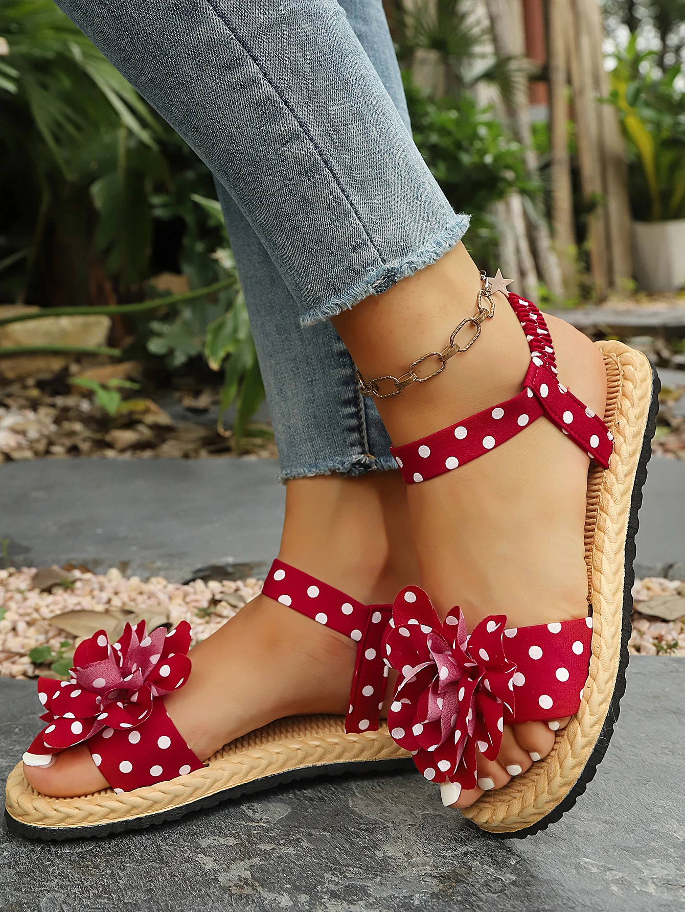Flache Sandalen zum Hineinschlüpfen mit Schleife, Polka-Dot-Muster, weicher Boden, bequeme flache Schuhe für den Strandurlaub, Damen-Freizeitschuhe – Detail 10
