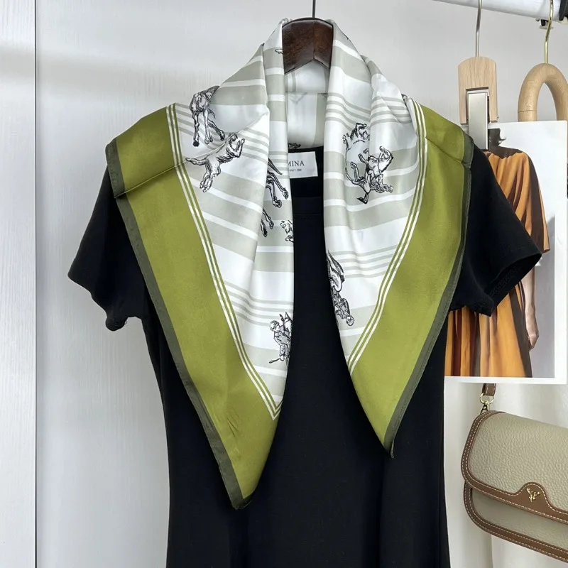 100% Mulberry Silk Scarf Luxury Knight 12 Momme Square Scarf 70cm Women Spring Summer Fashion