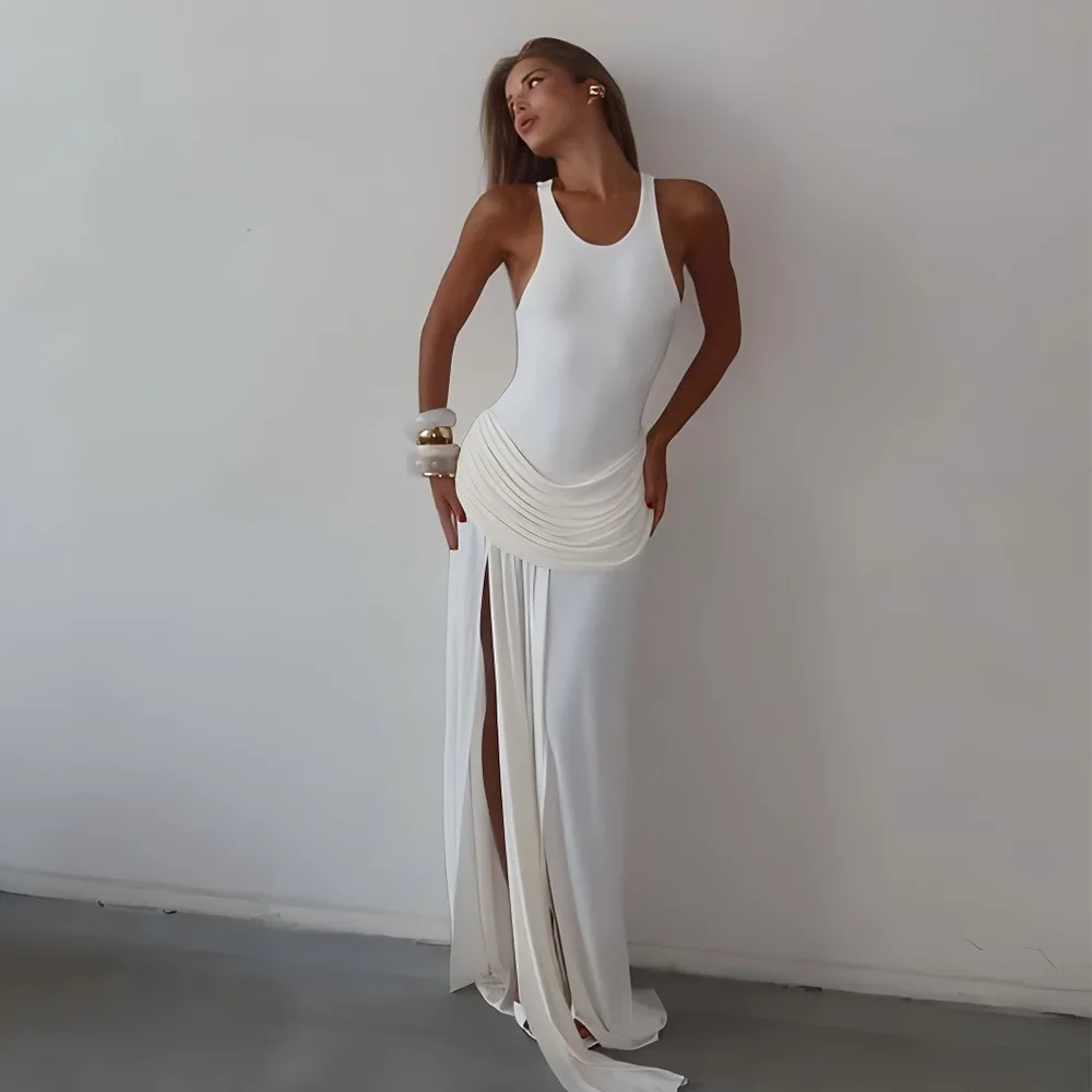 

Summer White Women Prom Dress Sexy Sleeveless Side Split Sheath Long Ruffles Party Gown Robe Casual Beach Hot Girl Evening Gown
