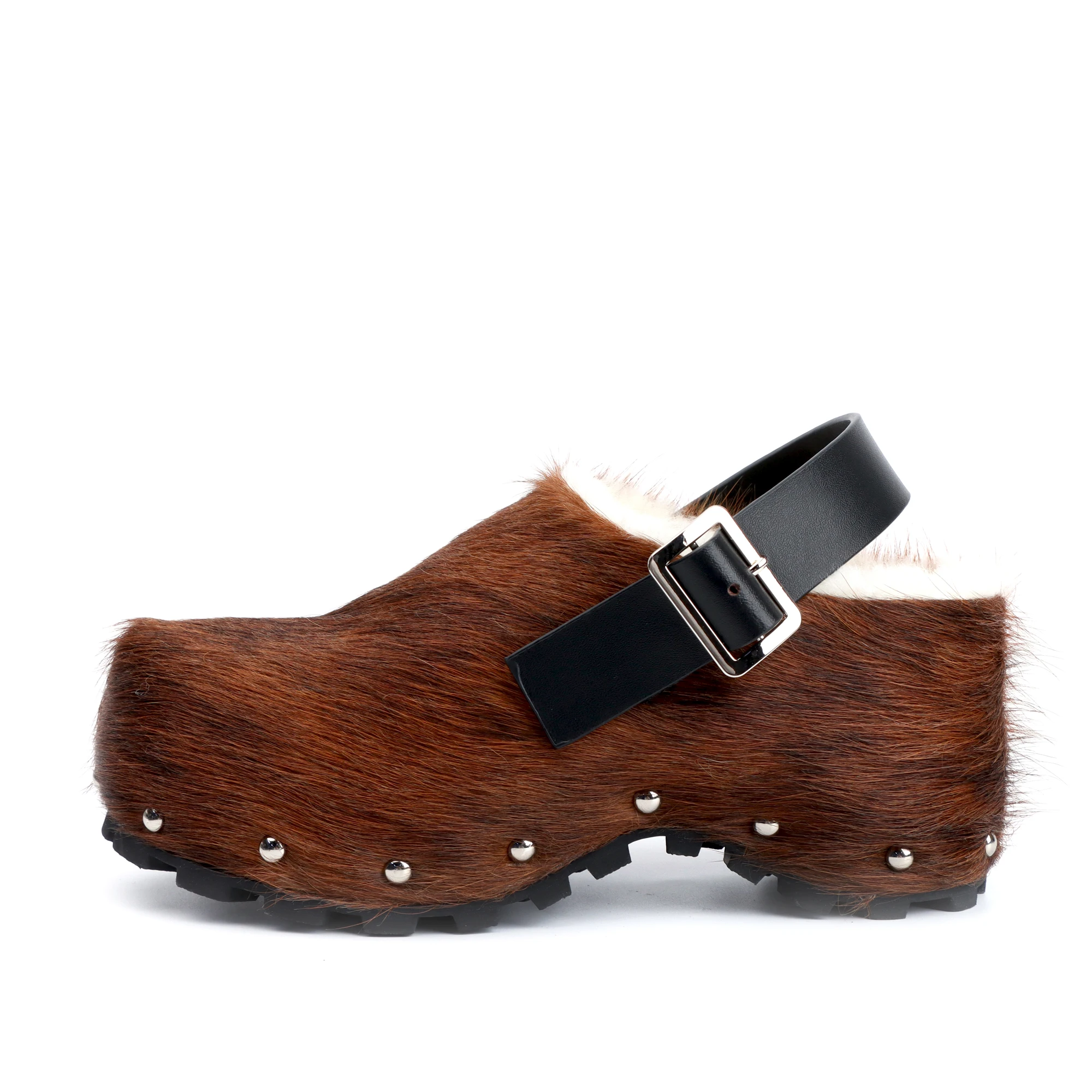 Italië Winterschoenen Dames Designer Bont Sandalen Kalfshaar Platform Klompen Luxe met wol gevoerde instappers met leren band