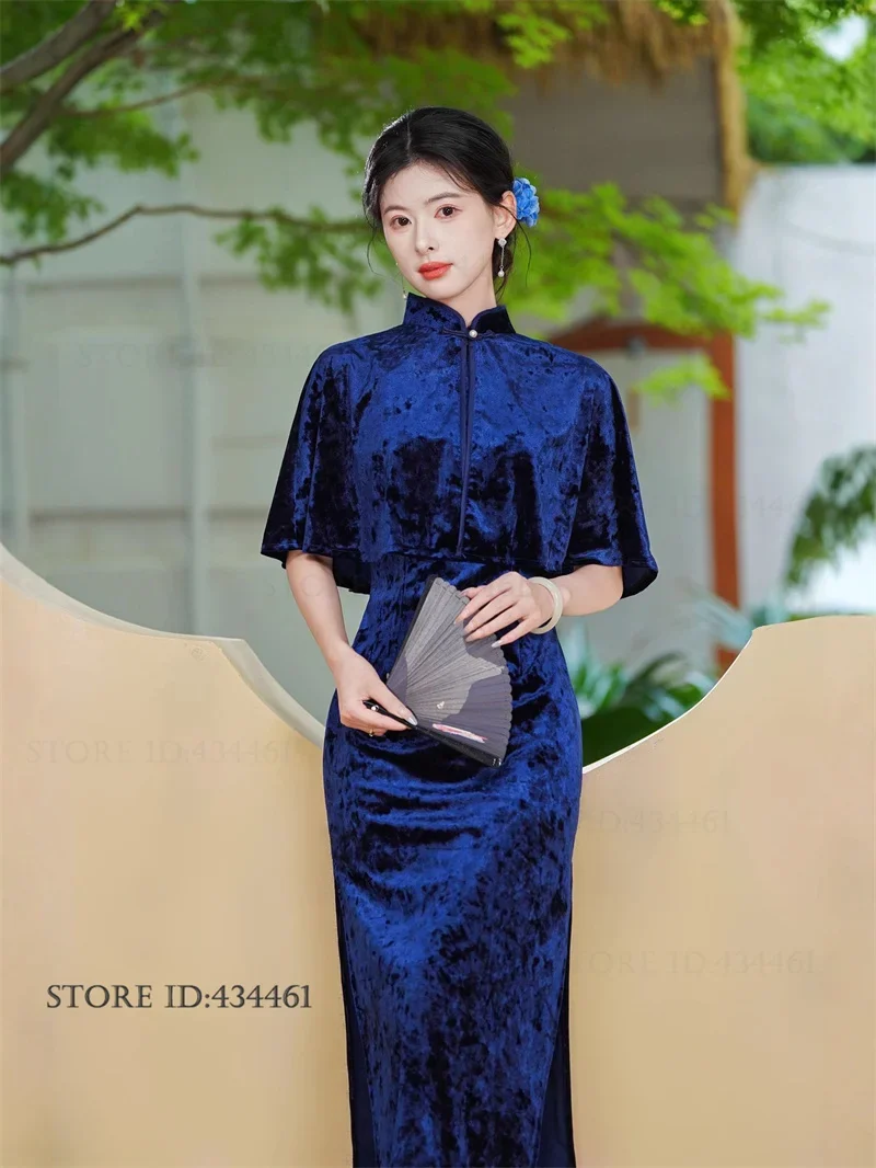 فستان صيني تقليدي أنيق مزاجه مخملي طويل شيونغسام مع شال الخريف الشتاء القطيفة أنثى تشيباو مثير فيستدوس