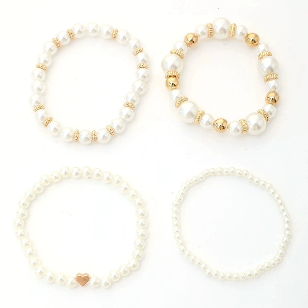 4-teiliges koreanisches Armband-Set mit Perlen für Damen, Herzanhänger, künstliche Perlen, Armreif, Schmuck für Hochzeiten und Partys, Geschenk. – Detail 6