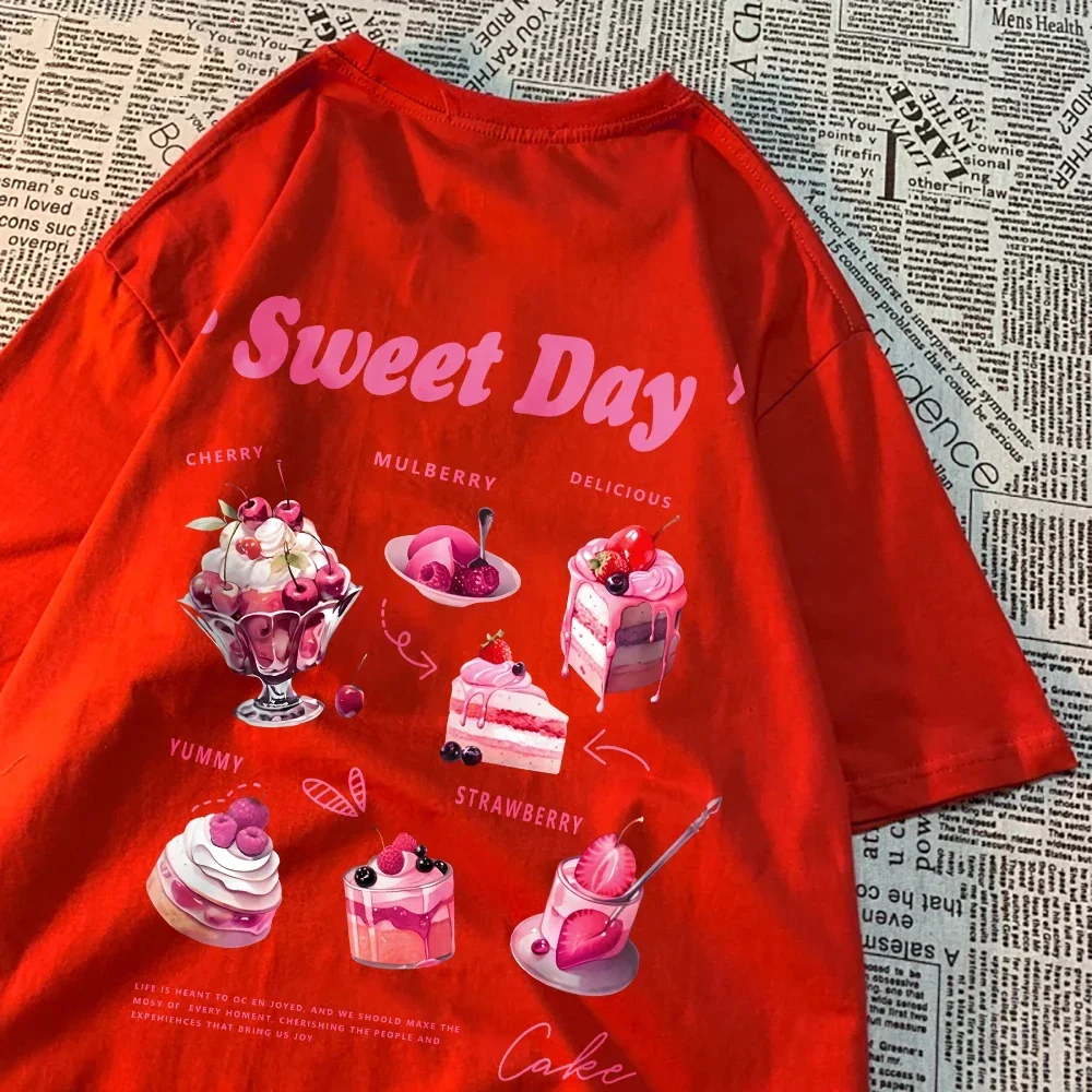 Sweet Day Pink Ice Cream Cake Printed Streetwear Soft Breathable Trend Female Clothes Cake Pattern Sweet Style Clothing
