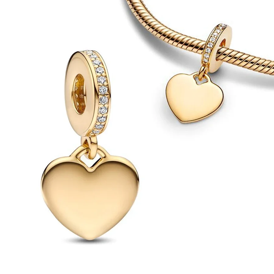 Golden Sparkling Heart Dangle Charm Fit Original Pan Basic Bracelet DIY Women Elegant Jewelry Gift Summer New