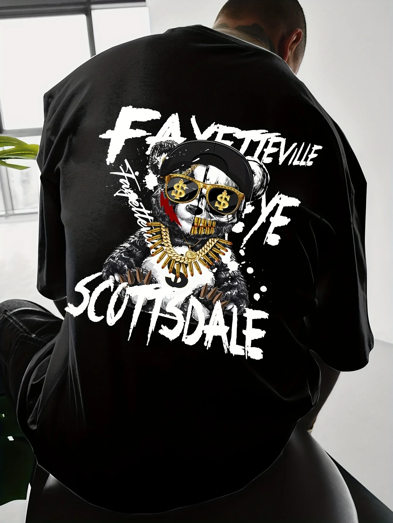 Hot selling fashionable men's teddy bear gold necklace printed breathable round neck T-shirt summer outdoor street top