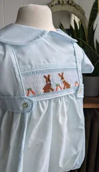 0-6Y Boy Summer Light Blue Rabbit Smocked Rompers for Birthday Casual A97