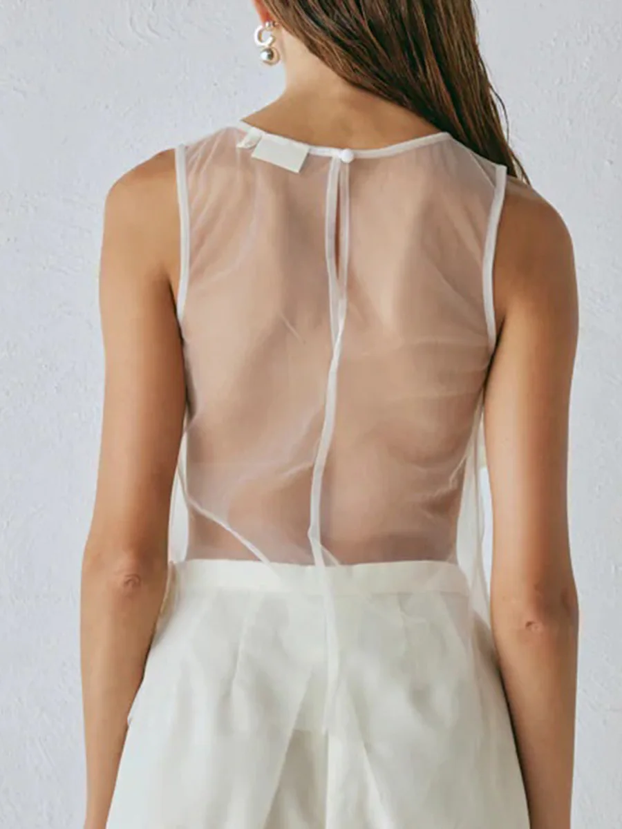 Damska letnia koszulka bez rękawów z kwiatowym haftem i przezroczystą siateczką Casualowa i stylowa kamizelka estetyczna dla