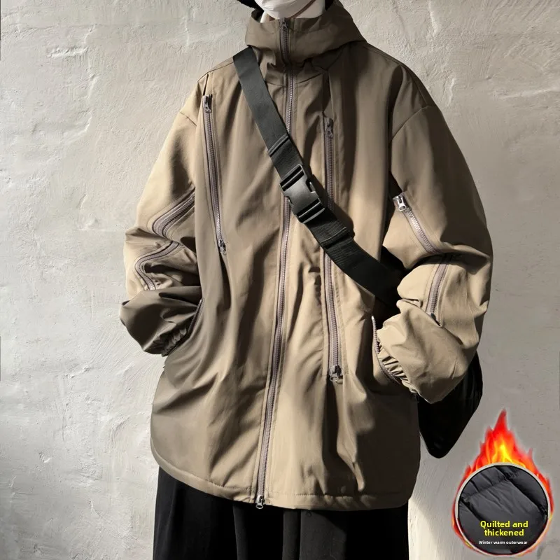 

Winter Workwear Cotton Jaet Men's Outdoor Cold-resistant American Sle Coat Youth Casual Thiened Hooded Zipper Design